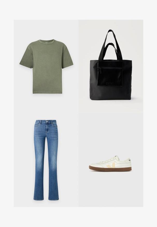 Olivengrøn kortærmet bomulds-T-shirt med rund hals og afslappet, firkantet pasform vist mod hvid baggrund.; ONLY ONLWAUW MID WAIST - Jeans Slim Fit - medium blue denim; Hvid lavskaftet sneaker med beige "V"-logo, brun gummisål, snørebånd og sort tekst på hæl og tunge mod en ensfarvet baggrund.; Sort tote-taske med lynlåslomme foran og to håndtag, sat mod en ensfarvet lys baggrund.