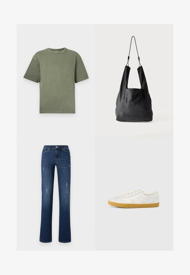 Olivgrünes T-Shirt aus Baumwolle mit kurzen Ärmeln und Rundhalsausschnitt, locker und kastig geschnitten, auf weißem Hintergrund gezeigt.; ONLY ONLWAUW MID WAIST - Jeans Slim Fit - dark blue denim; Weißer Ledersneaker mit glatter Textur, beigefarbenem „V“-Logo, rundem Zehenbereich, Schnürdesign und einer Sohle aus Gummireifen.; Schwarze weiche Stofftragetasche mit breiten Griffen und einem dünnen schwarz-weißen geflochtenen Schulterriemen.