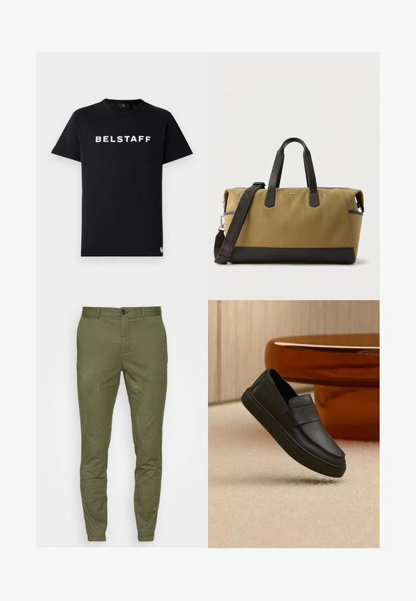 Čierne bavlnené tričko s okrúhlym výstrihom, krátkymi rukávmi a bielym logom "BELSTAFF" potlačeným na hrudi.; Olivové chinos s úzkym strihom, s predným zapínaním na gombík, pútkami na opasok a hladkou, stredne ťažkou textúrou látky.; Čierny kožený mokasín na zasúvanie s remienkom cez hornú časť, umiestnený na béžovom koberci a vedľa hnedého okrúhleho stola.; Veľká cestovná taška v hnedej a čiernej farbe s čiernymi koženými rukoväťami a odnímateľným ramenným popruhom, obdĺžnikový tvar, logo BOSS na prednej strane.