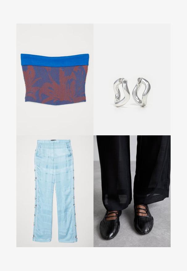 Elastisches Röhrenoberteil mit einem blauen, einfarbigen Band oben. Der Hauptkörper zeigt ein strukturiertes Muster aus roten und blauen vertikalen Streifen.; Ahluwalia EMBELLISHED TROUSER - Stoffhose - blue; MIISTA AVERIE - Riemchenballerina - black; Silberne Creolen mit gedrehtem Design. Abgerundete Kanten und glänzende Oberfläche. Offen schließende Verschlüsse für einfaches An- und Ausziehen. Glatte Textur durchgehend.