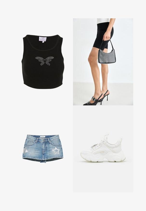 Top scurt cu nervuri negre, cu un design ajustat, având un motiv de fluture realizat din pietricele pe față. Include un eticheta cu numele brandului.; Fustă mini din denim albastru cu patch-uri argintii în formă de stea, mici decorațiuni cu tăvițe, nasture frontal, fermoar și bucle pentru curea.; Adidași albi, voluminoși, din piele și material mesh, cu o talpă groasă, vârf rotund și șireturi decorative. Accente ușor texturate.; Geantă din mărgele negre cu o siluetă curbată, mânere de purtare și textură lucioasă. Purtați cu pantofi cu toc înalt negri și pantaloni scurți negri strâmți.
