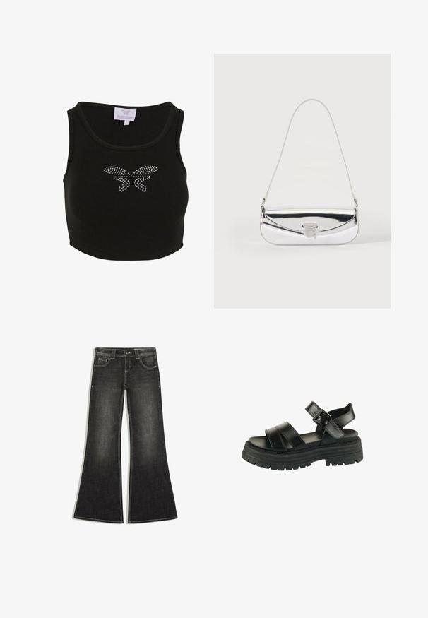 Zwarte geribbelde crop top met een aansluitend ontwerp, voorzien van een vlindermotief van rhinestones aan de voorkant. Inclusief een label met de merknaam.; Zwarte denim flare jeans met voorzakken, ceintuurlussen en zichtbare witte stiksels.; Zwarte sandaal met dikke zool, twee brede voorste banden, een enkelband en zilveren gesp op een witte achtergrond.; Kleine zilveren schoudertas met een dunne band en een voorflap die met een metalen gesp is vastgemaakt.