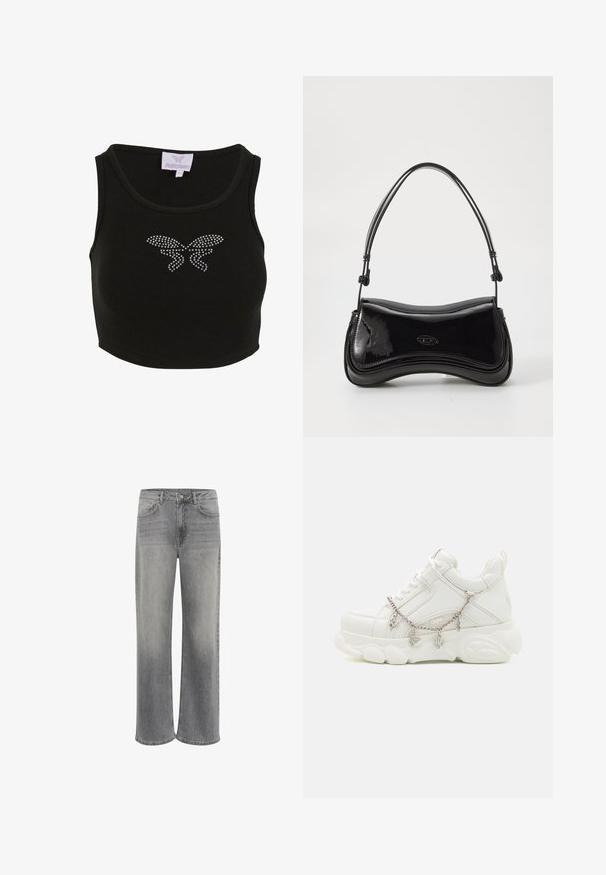 Čierny rebrovaný crop top s priliehavým strihom, ktorý na prednej strane obsahuje motív motýľa vyrobený z kamienkov. Obsahuje štítok s názvom značky.; Široké nohavice z šedej džínoviny, s vysokým pásom, piatimi vreckami, predným zapínaním na gombík a jemným vyblednutím látky.; Biele tenisky s robustnou podrážkou, textúrovaným koženým zvrškom a ozdobným kovovým retiazkou s príveskami. Obsahujú šnurovanie a polstrovaný golier.; Čierna lakovaná kabelka s zakriveným tvarom, jedným uchom a zaobleným dnom. Na prednej strane sa nachádza decentný detail loga.