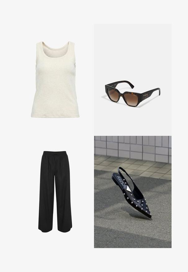 Top de punto sin mangas en color crema con canalé, con tirantes anchos y escote redondo, diseñado para uso casual.; Pantalones negros de pierna ancha con cintura elástica y cordón, hechos de tela ligera, mostrados sobre un fondo blanco.; Zapato slingback negro con punta, hecho de material liso, con tachuelas plateadas, suela plana y un logo en la plantilla.; Gafas de sol con lentes en degradado marrón y montura con patrón de carey. Forma cuadrada con bordes marcados y grabado en dorado de "vogue" en la patilla.