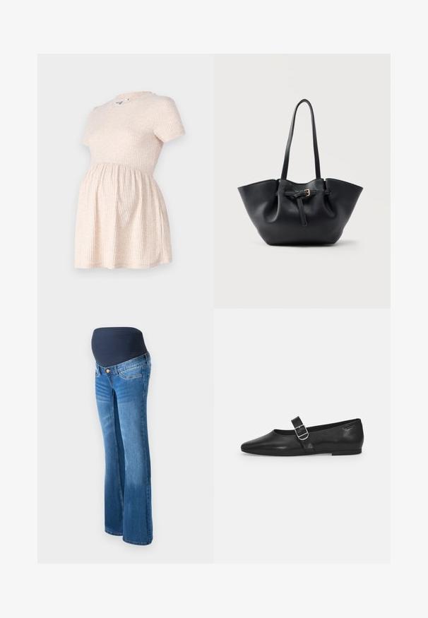 Robe de maternité beige clair à manches courtes avec un col rond, texture côtelée, et une silhouette évasée partant de la taille.; Jeans de maternité en denim bleu, avec un panneau extensible bleu marine à la taille, des jambes évasées et un design classique à cinq poches.; Chaussure plate en cuir noir avec un bout arrondi, une seule sangle réglable à boucle et une texture lisse et brillante. Design minimaliste avec un petit talon.; Sac cabas en cuir noir avec longues poignées et une lanière avant ornée d'une petite boucle dorée, sur fond uni.