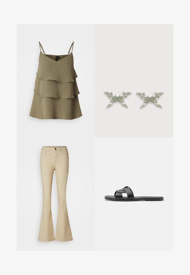 Olijfgroene gelaagde top met verstelbare spaghettibandjes, V-hals en gestructureerde stof, met drie rimpelige lagen aan de zoom.; Beige flare jeans van een katoenmix. Hoge taille met vijf zakken, een knoopsluiting aan de voorkant en een gladde textuur.; Zwarte schuimsandaal met een crisscross bandontwerp, platte zool, matte textuur en minimalistisch profiel. Geschikt voor casual gebruik.; Zilverkleurige oorbellen in de vorm van krabben, versierd met groene strasstenen, met een gedetailleerd ontwerp met klauwen en een textuurrijke afwerking.