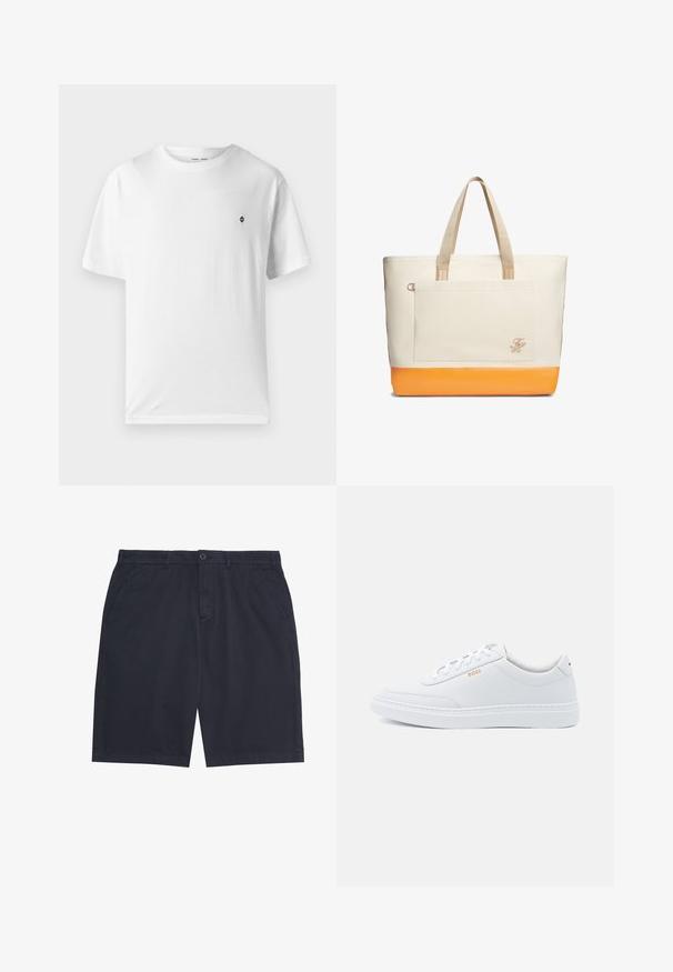 T-shirt en coton blanc à col rond, manches courtes, avec un petit logo noir sur la poitrine. Texture douce, coupe décontractée.; Shorts décontractés pour hommes de couleur bleu marine, avec fermeture à bouton, passants pour ceinture et poches latérales, posés à plat sur un fond blanc.; Baskets blanches en cuir avec une texture lisse, bout rond et coutures tonales. Possède des lacets bleus et un logo doré sur le côté.; Grand sac fourre-tout en toile beige avec fond orange, poignées beiges, poche avant, et petites initiales brodées dans le coin de la poche.