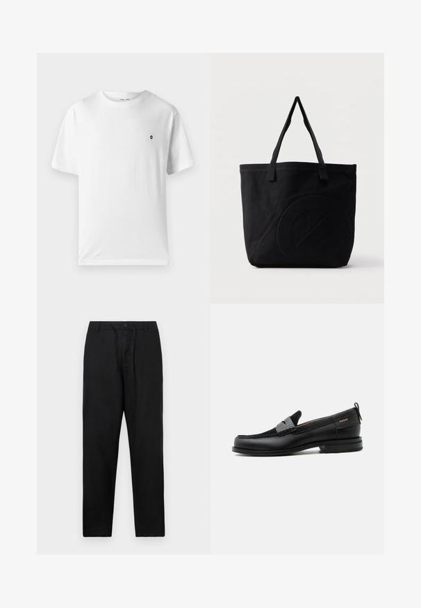 Weißes Baumwoll-T-Shirt mit rundem Halsausschnitt, kurzen Ärmeln und einem kleinen schwarzen Logo auf der Brust. Weicher Stoff, lässige Passform.; Schwarze Leinenhose mit geradem Schnitt, ausgestattet mit einem Knopfverschluss, verstellbarem Kordelzug und ohne sichtbare Muster oder Akzente.; Schwarzer Lederloafer mit grauem Riemendetail, niedrigem Absatz und strukturierter Sohle, seitlich mit „HUGO“ in Gold gebrandmarkt.; Schwarze Canvas-Shopper-Tasche mit zwei Schulterriemen und einem dezenten, eingeprägten kreisförmigen Design auf der Vorderseite.