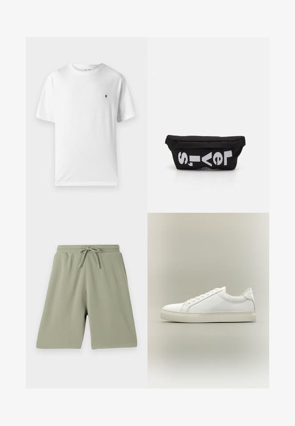 Camiseta blanca de algodón con cuello redondo, mangas cortas y un pequeño logo negro en el pecho. Textura suave, corte casual.; Pantalones cortos verde claro hechos de una tela texturizada con cintura elástica y cordón. Corte recto y diseño hasta la rodilla.; Zapatilla blanca de perfil bajo con cordones en la parte delantera y suela gruesa, mostrada de lado sobre un fondo neutro.; Bolsa de tela negra con forma plana, que presenta texto blanco en negrita. El cierre de cremallera se encuentra en la parte superior, con un detalle de asa en un lado.
