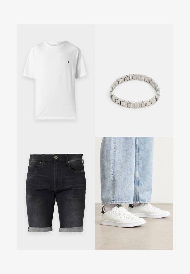 T-shirt en coton blanc à col rond, manches courtes, avec un petit logo noir sur la poitrine. Texture douce, coupe décontractée.; Shorts en denim noir avec un design ajusté, des ourlets roulés et une taille classique dotée d'une fermeture à bouton à l'avant et de poches latérales.; Baskets blanches avec une texture en cuir lisse, accents noirs au talon et détails perforés. Associées à un pantalon en denim large de couleur bleu clair.; Bracelet en métal argenté comportant des maillons rectangulaires, une finition polie et de petits accents circulaires, conçu pour s'ajuster étroitement autour du poignet.