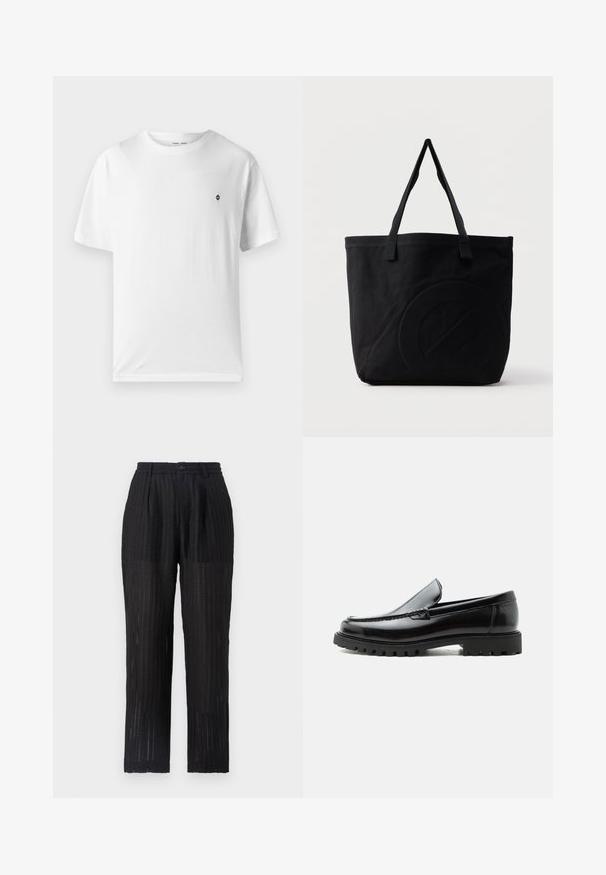 Camiseta blanca de algodón con cuello redondo, mangas cortas y un pequeño logo negro en el pecho. Textura suave, corte casual.; Pantalones negros de pliegues con una tela texturada y con patrón. Presentan una cintura elástica y cierre de botón, diseño de pierna recta.; Mocasín de cuero negro con suela de goma gruesa, empeine cosido y nombre de la marca en relieve en el talón, mostrado en perfil lateral sobre fondo blanco.; Bolsa tote de lona negra con dos correas para el hombro y un diseño circular en relieve sutil en el frente.