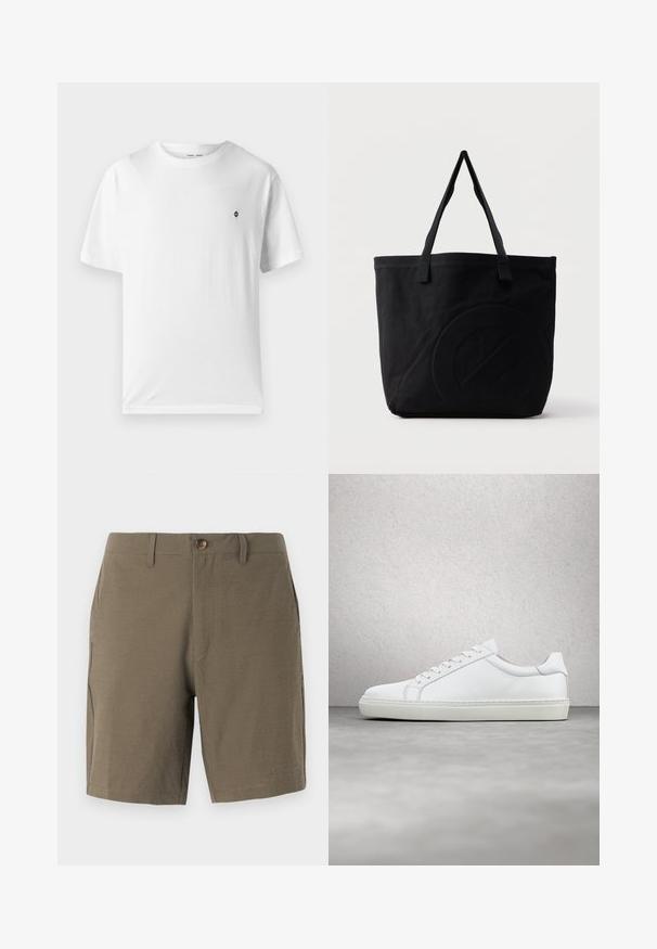 Witte katoenen t-shirt met een ronde hals, korte mouwen en een klein zwart logo op de borst. Zachte textuur, casual pasvorm.; Olivengroene shorts gemaakt van textuurstof, met een knoopsluiting en een platte voorkant, en zijzakken voor functionaliteit.; Witte sneaker met een gladlederen bovenwerk en een laag profiel. Voorzien van een ronde neus, zes vetergaatjes en een gestructureerde rubberen zool.; Zwarte canvas tas met twee schouderbanden en een subtiel, ingebosseleerd cirkelvormig ontwerp aan de voorkant.