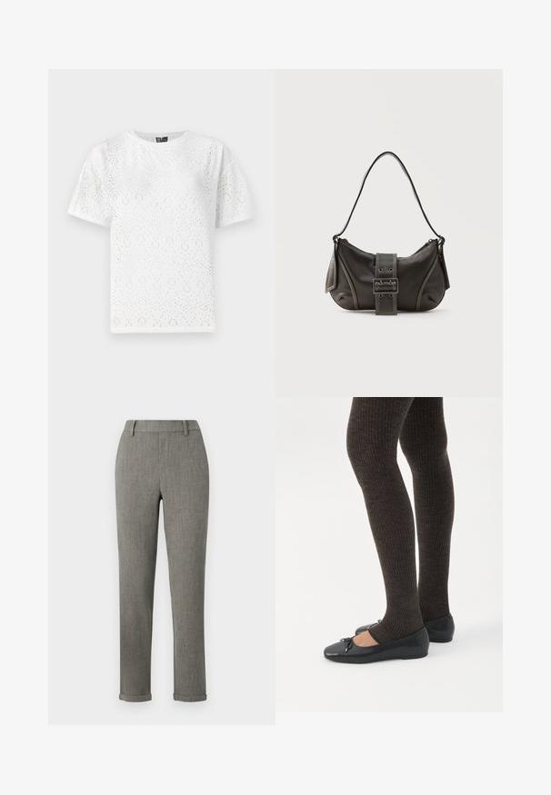 Weißes Baumwoll-T-Shirt mit einem perforierten Muster aus geschwungenen Formen, kurzen Ärmeln und einem runden Ausschnitt. Glatte Textur und lockere Passform.; Graue, maßgeschneiderte Slim-Fit-Hosen mit Gürtelschlaufen und umgeschlagenen Säumen, geeignet für formelle Anlässe oder das Büro.; Beine in dunklen, gerippten Leggings kombiniert mit schwarzen Ballerinas mit kleinen Schleifendetails auf weißem Hintergrund.; Schwarze Leder-Schultertasche mit Schnallengurt-Detail, abgerundeten Kanten und kontrastierenden weißen Nähten auf schlichtem Hintergrund.