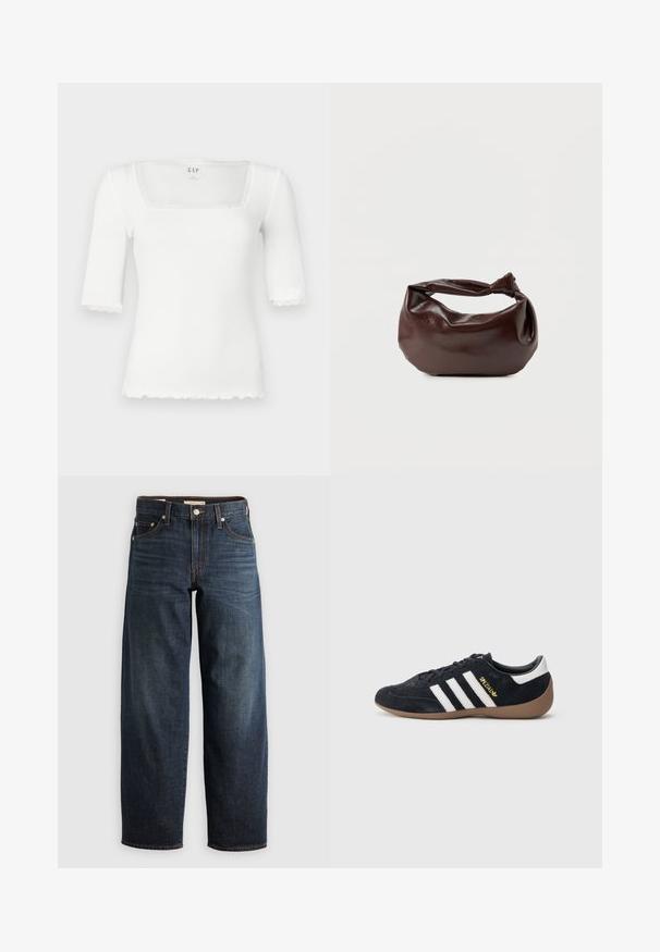 Weißes eng anliegendes Oberteil mit quadratischem Ausschnitt und kurzen Ärmeln. Mit Spitzenbesatz entlang des Halsausschnitts und der Ärmelränder. Hergestellt aus einem gerippten Material.; Dunkelblaue Jeans aus Denim mit einem geraden Bein-Design, Fünf-Taschen-Stil und Steppnähten sowie einem Knopfverschluss.; Schwarzer Veloursleder-Sneaker mit drei weißen Streifen, Gummisohle und einem kleinen goldenen Logo an der Seite. Verfügt über ein glattes schwarzes Innenfutter.; Dunkelbraune Lederschultertasche mit weicher, lockerer Form und einem gedrehten Knotengriff vor schlichtem weißem Hintergrund.