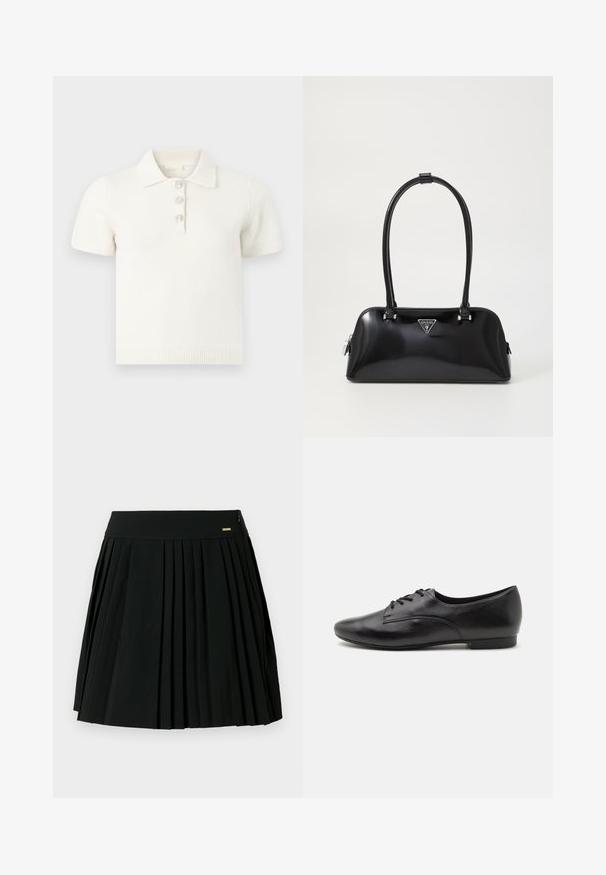 Camiseta tipo polo blanca de manga corta en una tela suave con cuello acanalado, con tres botones decorativos de cristal en la tapeta.; Falda negra plisada con una cintura lisa y cierre de cremallera lateral. Hecha de tela suave, presenta pliegues marcados para un aspecto estructurado.; Zapatos de cuero negro con cordones, de textura suave, punta redonda, tacón bajo y diseño simple. Vista lateral que enfatiza la forma elegante y las costuras.; Bolso de mano negro brillante con una silueta curva, dos asas y una placa de logo en la parte frontal. Cierre de cremallera y acentos de hardware brillante.