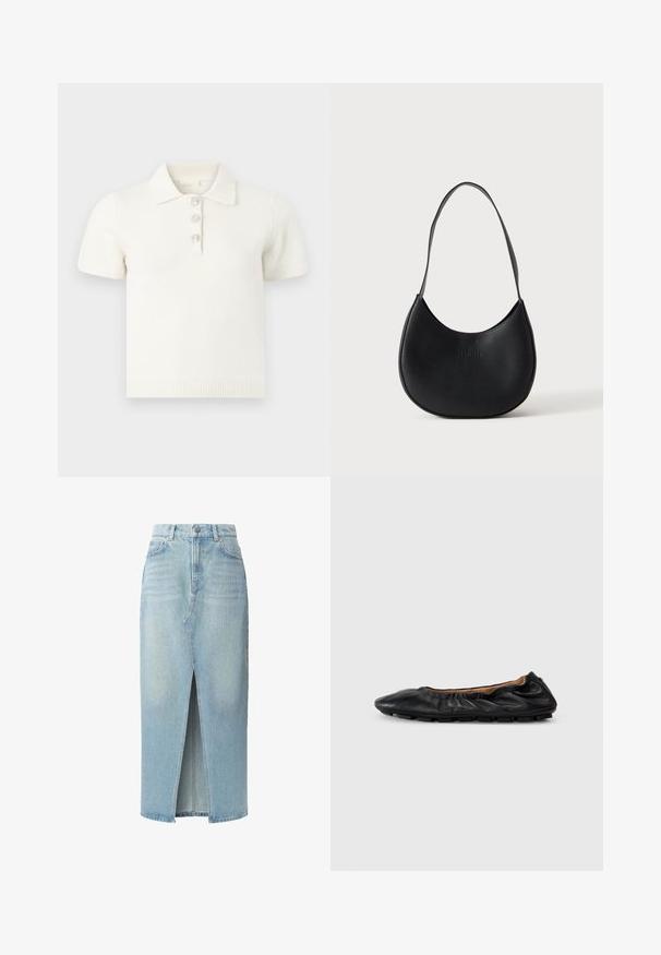 Witte polo met korte mouwen van een zachte stof met een geribde kraag, voorzien van drie decoratieve kristalknopen op de knoopsluiting.; Lichtblauwe denimrok met een voorknijp, vijf zakken en riemlussen. Gemaakt van katoen met een soepele textuur en een lichte vervaging.; Zwarte leren balletschoenen met geplooid detail bij de kraag, ronde neus en flexibele rubberen zool. Gladde textuur overal.; Zwarte leren schoudertas in halve maansvorm met een enkele riem en subtiel gegraveerde merknaam op een effen lichte achtergrond.