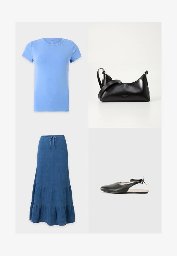 T-shirt en coton bleu clair uni à manches courtes avec col rond, présenté sur fond blanc.; Jupe longue bleue avec ourlet à volants superposés et taille à cordon en tissu texturé.; Chaussure en cuir noir avec un bout pointu et un talon ouvert, dotée d'une sangle à la cheville avec un accent métallique. Semelle plate ; design minimaliste.; Sac à main en cuir noir avec une texture lisse. Dispose d'une bandoulière adjustable et d'un design élégant et minimaliste avec une fermeture éclair.