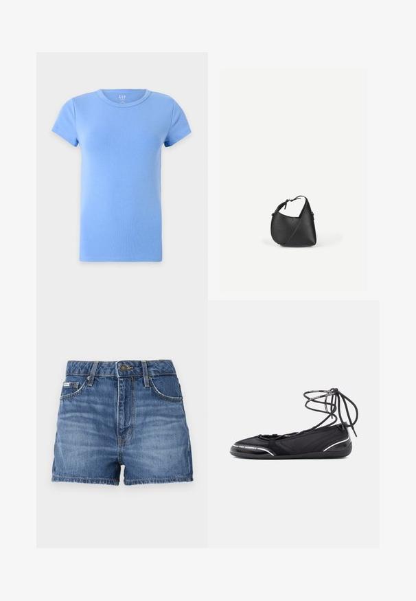 Simpel lyseblå kortærmet bomulds-T-shirt med rund hals, vist på en hvid baggrund.; Denimshorts i mellemblå, med fem lomme-design, bæltestropper og frynsede kanter. Standard knap- og lynlåslukning.; Sorte ballerinaer med en struktureret overdel og snøredetalje. Bemærkelsesværdige sølvdetaljer og en blød gummisål for fleksibilitet.; Sort skuldertaske i læder med en afrundet trekantet form og justerbar rem på en ensartet lys baggrund.