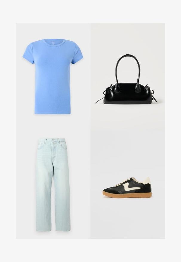 T-shirt en coton bleu clair uni à manches courtes avec col rond, présenté sur fond blanc.; Jean large en denim bleu clair à taille haute, doté de cinq poches, d'une fermeture par bouton et d'un léger délavage.; Baskets en daim et cuir noir avec un swoosh latéral crème et un talon crème clair. Dotées de lacets beige et d'une semelle en caoutchouc gomme.; Petit sac à main noir brillant avec deux longues anses et des détails à cordon sur les côtés sur un fond clair uni.