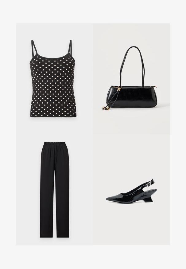 Haut noir à fines bretelles avec des pois blancs, encolure droite et silhouette ajustée sur fond uni.; Pantalon noir à jambes droites avec ceinture élastique et cordon de serrage, présenté à plat sur un fond blanc.; Chaussure slingback en cuir verni noir avec bout pointu et petit talon bloc incliné sur fond clair uni.; Sac à main rectangulaire noir avec deux longues bandoulières, détail anneau doré et fermeture éclair sur un fond clair uni.