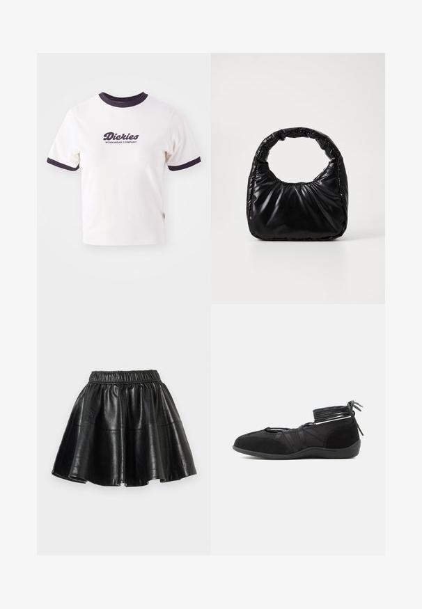 Hvid T-shirt med mørkeblå ribbet krave og ærmer. Har en stor grafisk tekstlogo i mørkeblå, "Dickies WORKWEAR COMPANY."; Sort faux læder flared nederdel med elastisk talje og synlige sømme på en ensfarvet hvid baggrund.; Sort flad sko med omviklede ankelstropper og ruskindsdetaljer, designet til sikker pasform og minimalistisk stil.; Sort polstret håndtaske med et rundt håndtag, der har en glat, skinnende overflade og en blød, kviltet tekstur. Ingen synlige hardware eller accenter.