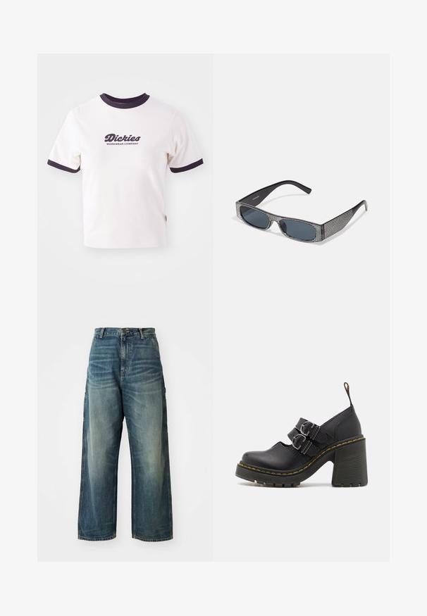 Witte T-shirt met donkerblauwe geribbelde kraag en mouwen. Bevat een groot grafisch tekstlogo in donkerblauw, "Dickies WORKWEAR COMPANY."; Wijd uitgesneden denim jeans in een vervaagde blauwe wassing. Bevat een knoopsluiting, vijf zakken en zichtbare stiksels. Materiaal heeft een zachte textuur.; Zwarte hoge hakken met een gestructureerde zool, voorzien van twee zilveren gespen, gele stiksels en een lus aan de achterkant voor gemakkelijk aan- en uittrekken.; Zwarte zonnebril met grijze lenzen, versierd met een rasterpatroon van kleine metalen strass-steentjes langs het montuur. Gladde afwerking, hoekig ontwerp.