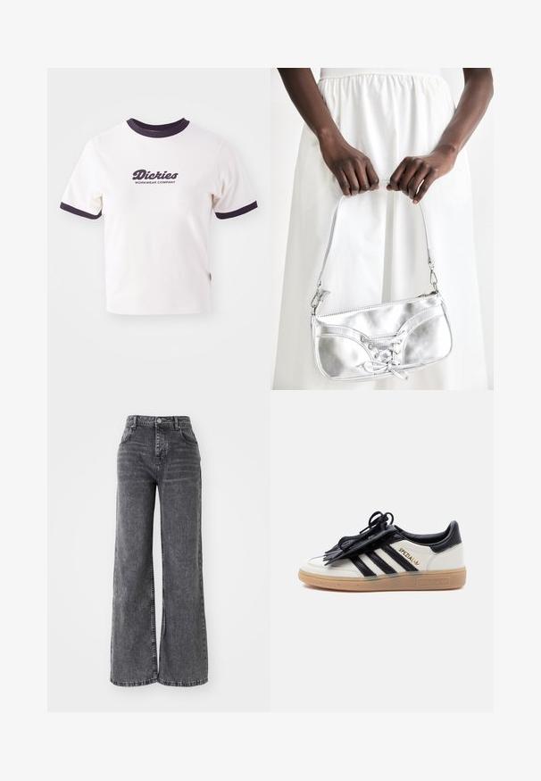 Witte T-shirt met donkerblauwe geribbelde kraag en mouwen. Bevat een groot grafisch tekstlogo in donkerblauw, "Dickies WORKWEAR COMPANY."; Wijde grijze denim broek met een hoge taille, voorzien van traditionele vijf-pocket styling en een subtiele vervaagde afwerking.; Witte en zwarte Adidas Spezial sneaker met een gumzool, zwarte strepen en een zwarte veterhoes op een effen lichte achtergrond.; Zilveren metalen handtas met vetersluiting, met een strak ontwerp en een korte schouderriem. De tas wordt vastgehouden in de handen, waardoor de textuur goed tot zijn recht komt.
