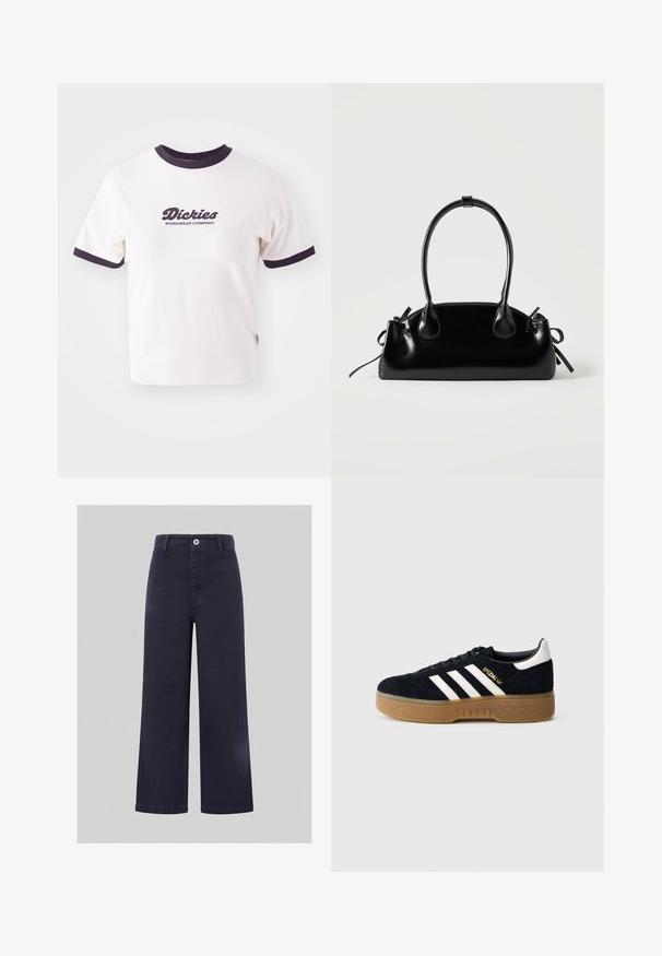 Biela tričko s tmavo námorníkov myšlenkou a rukávmi. Obsahuje veľký grafický textový logotyp v tmavo námorníckej farbe "Dickies WORKWEAR COMPANY."; Široké nohavice v námornickej modrej farbe, vyrobené z hladkej zmesi bavlny, s predným zapínaním na gombík a prešitými detailmi pozdĺž pásu a vreciek.; Čierna semišová teniska s bielymi tromi pruhmi a zlatým logom. Podrážka v gumovej farbe s textúrovaným gripom. Klasický nízky dizajn s okrúhlou špičkou.; Malá čierna lesklá kabelka s dvoma dlhými rúčkami a bočnými šnúrkovými detailmi na jednoduchom svetlom pozadí.