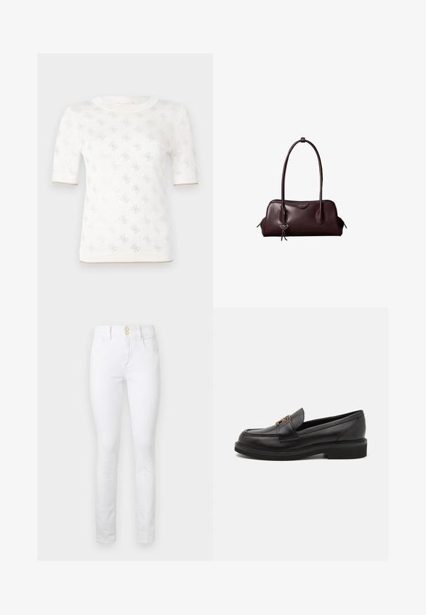 Strikket hvid kortærmet top med subtile mønstre, der har en rund halsudskæring og et guldaccent ved kanten. Teksturen fremstår let og åndbar.; Hvide denim skinny jeans med høj talje, to forlommer og guldbeslag på knapperne. Glat tekstur med et klassisk design med fem lommer.; Sorte læder loafers med rund tå, syede detaljer, guldfarvet hardware og en lav tekstureret gummisål. Glat, elegant finish.; Mørkebrun lædertaske fra Calvin Klein med lange dobbelte håndtag og en lille logohængende ved det ene håndtag.