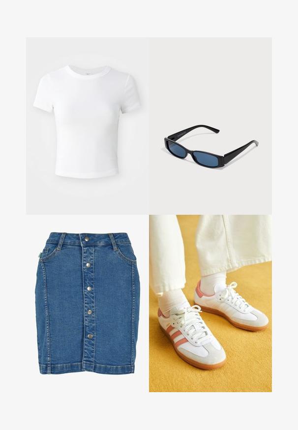 Effen witte cropped t-shirt met korte mouwen en ronde hals, weergegeven op een neutrale lichte achtergrond.; Denim rok met een sluiting aan de voorkant met knopen, een aansluitend ontwerp, lichtblauwe kleur en subtiele stiksels.; Witte sportschoenen met roze accenten, gemaakt van suede en leer, met een ronde neus en een rubberen zool, weergegeven met lichtgekleurde sokken op een gele achtergrond.; Zwarte zonnebril met een slank rechthoekig frame en blauwe lenzen. Heeft een gladde textuur en stevige pootjes. Merklogo aan de zijkant.