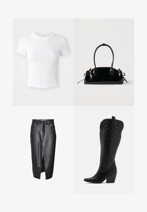 Simpel hvid kortærmet cropped t-shirt med rund halsudskæring, præsenteret på en neutral lys baggrund.; Sorte lædernederdel med en mellemlang design, der har en frontslids, klassiske bæltesløjfer og syede detaljer langs sømmene.; Sorte knæhøje støvler i læder med spids snude og lagdelt hæl. Har dekorative syninger og buede designelementer.; Lille sort blank håndtaske med to lange håndtag og snøre-detaljer i siden på en ensfarvet lys baggrund.