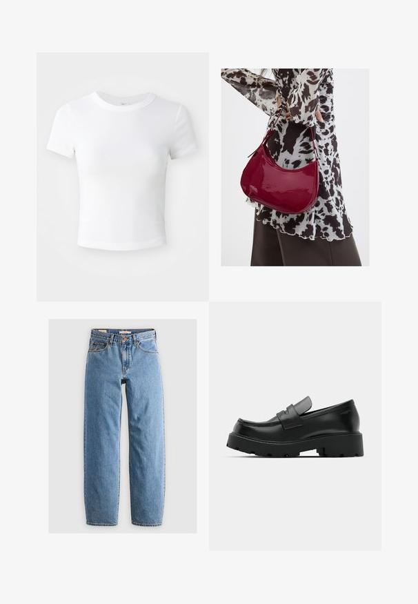 Simpel hvid kortærmet cropped t-shirt med rund halsudskæring, præsenteret på en neutral lys baggrund.; Lysblå denim jeans med lige ben-design, fem lommer, lynlås og en subtil falmet tekstur. Klassisk stil med minimal hardware.; Sorte læder loafers med en chunky tekstureret sål, der har en rem over vamps og en glat, poleret finish.; Kvinde iført en sort- og hvidmønstret bluse, der holder en blank rød skuldertaske mod en ensfarvet baggrund.