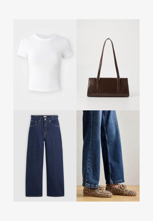 Effen witte cropped t-shirt met korte mouwen en ronde hals, weergegeven op een neutrale lichte achtergrond.; Donkerblauwe denim wijde broek met een hoge taille, voorzien van vijf zakken, riemlussen en details van koperkleurig stiksel. Gladde textuur.; Luipaardprint loafers van suede, met een ronde neus, vetersluiting en platte, flexibele zolen, gecombineerd met blauwe jeans.; Bruine lakleren handtas met een rechthoekige vorm, twee lange handvatten en subtiele gebogen accenten aan de voorkant.