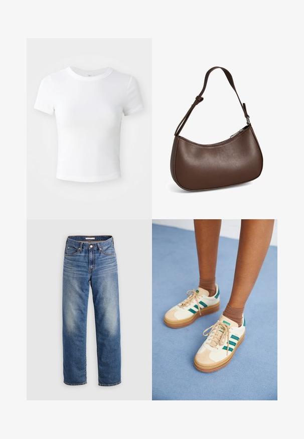 Weißes, kurzärmeliges, cropped T-Shirt mit Rundhalsausschnitt, auf einem neutralen, hellen Hintergrund präsentiert.; Hellblaue Jeans aus Denim mit geradem Bein, ausgestattet mit einem Knopfleistenverschluss, vorderen Taschen und dezentem Verblassen im Oberschenkelbereich.; Beige Sneakers mit dunkelgrünen Streifen, Gummisohle, Obermaterial aus Wildleder und Textil sowie neutralen Hardwareteilen, kombiniert mit braunen Socken auf einer hellblauen Oberfläche.; Kleine braune Lederschultertasche mit verstellbarem Riemen und Reißverschluss, vor weißem Hintergrund. Kein sichtbares Branding oder Verzierung.