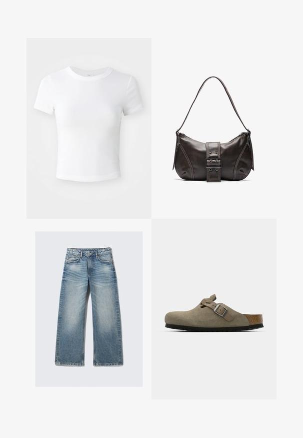 Effen witte cropped t-shirt met korte mouwen en ronde hals, weergegeven op een neutrale lichte achtergrond.; Lichtblauwe wijde spijkerbroek van denim, met voorzakken, een ritssluiting en een vervaagde textuur met subtiele wassingdetails.; Suède klompen in licht olijfgroen met een gevormde kurk- en rubberen zool. Voorzien van een zijriem met een metalen gesp en een ronde neus.; Bruine leren schoudertas met een gebogen vorm, voorzien van een opvallende gespdetail, contrasterende stiksels en een enkele schouderband.