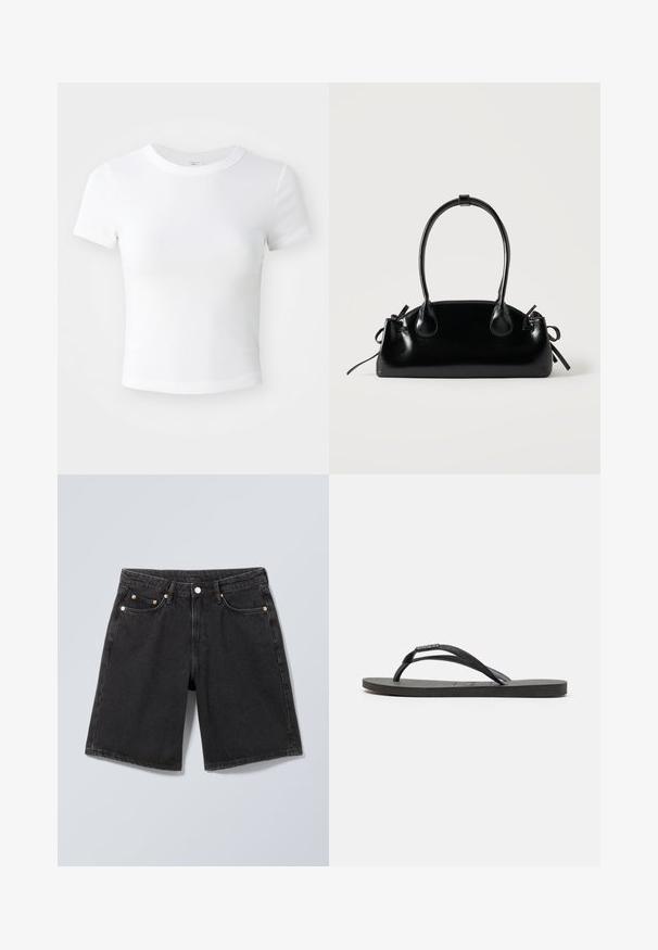 T-shirt courte à manches courtes, blanche, avec un col rond, présentée sur un fond neutre et lumineux.; Short en denim noir avec bouton à l'avant, passants pour ceinture et design à cinq poches, présenté sur un fond gris neutre.; Des tongs noires avec des brides texturées et une semelle en caoutchouc plate. Les brides présentent un léger reflet brillant.; Petit sac à main noir brillant avec deux longues anses et des détails à cordon sur les côtés sur un fond clair uni.