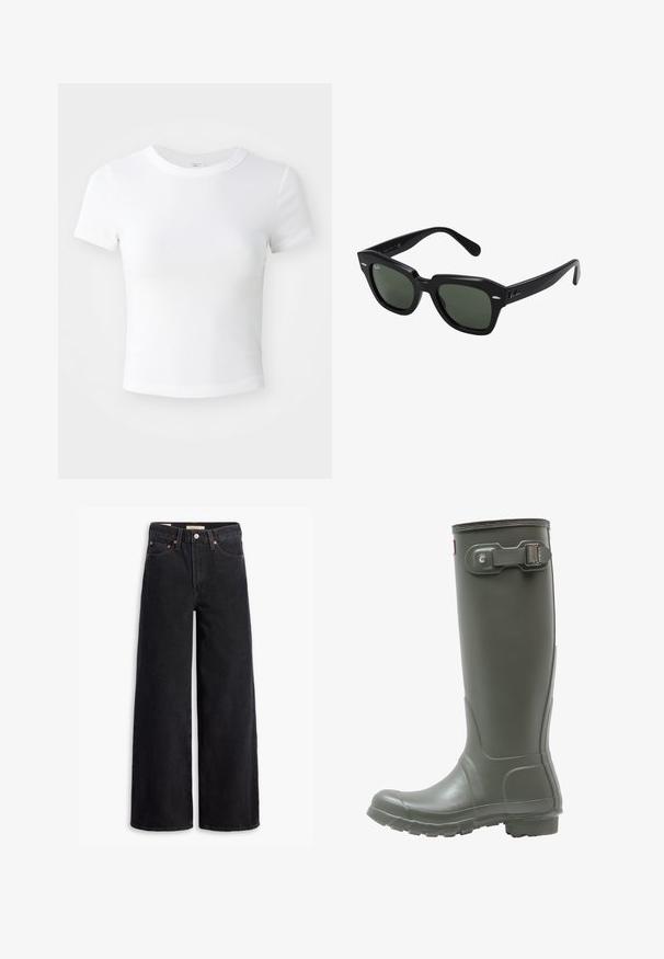 Weißes, kurzärmeliges, cropped T-Shirt mit Rundhalsausschnitt, auf einem neutralen, hellen Hintergrund präsentiert.; Schwarze weite Jeans aus Denim mit fünf Taschen, Kupferrivets und einem klassischen Knopfverschluss. Glatte Textur mit einem klaren Design.; Grüne Gummiregenstiefel bis zum Knie mit strukturiertem Sohlenprofil, runder Zehenform, verstellbarem Schnallenverschluss an der Seite und glatter Oberfläche.; Schwarze quadratische Sonnenbrillen mit dunkelgrünen Gläsern, ausgestattet mit markanten Rahmen und silbernen Akzenten an den Seiten. Hergestellt in Italien.