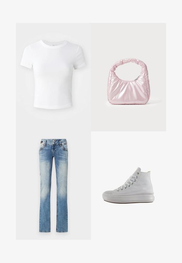Effen witte cropped t-shirt met korte mouwen en ronde hals, weergegeven op een neutrale lichte achtergrond.; Lichtblauwe denim jeans met een rechte pijp, voorzien van een vijfknopen sluiting, voorzakken en subtiele vervagingdetails.; Witte hoge canvas sneaker met witte veters, metalen oogjes, dikke rubberen zool en gestructureerde neuskap, naar links gericht op een witte achtergrond.; Roze, gevoerde handtas met een afgeronde vorm, gemaakt van glanzend materiaal. Beschikt over een geplooide handgreep en een ritssluiting voor veilige toegang.