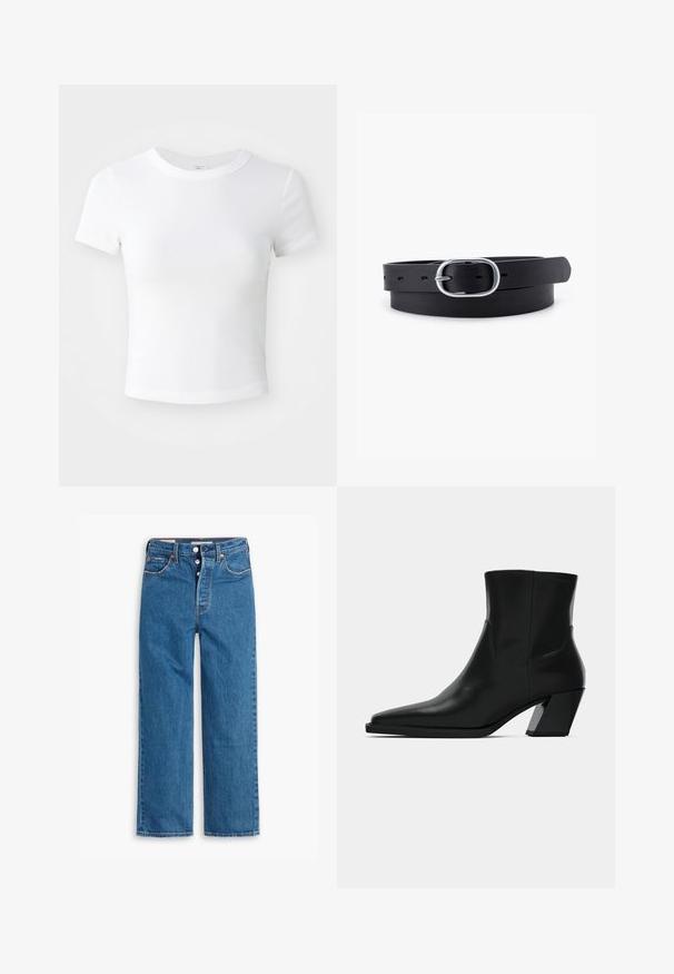 Simpel hvid kortærmet cropped t-shirt med rund halsudskæring, præsenteret på en neutral lys baggrund.; Blå denim lige ben jeans med høj talje, fem lomme design og knaplukning. Markante syninger og kobberfarvede nitter.; Sortlæder ankelstøvle med spids tå, en slank silhuet og en kraftig firkantet hæl. Glat tekstur med minimale stikninger.; Sort læderbælte med en glat overflade, oval sølvmetalspænde og flere justeringshuller langs stroppen. Flad, minimalistisk design.