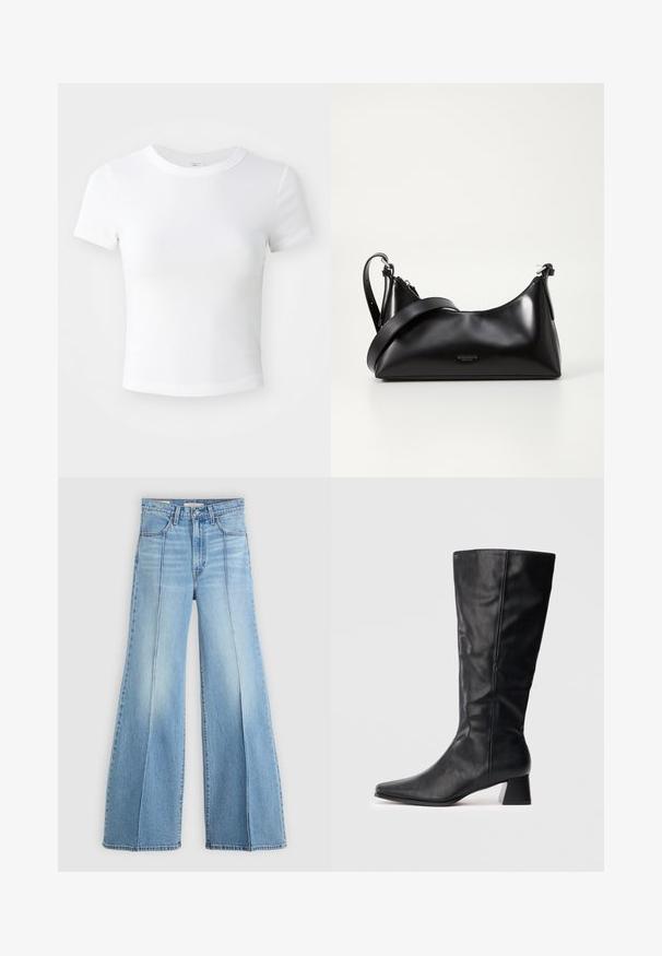 Effen witte cropped t-shirt met korte mouwen en ronde hals, weergegeven op een neutrale lichte achtergrond.; Lichtblauwe high-waisted jeans met wijde pijpen, voor- en achterzakken, riemlussen en verticale naaddetails aan de voorkant.; Zwarte leren laars tot halverwege het kalf met spitse neus en blokhak op een plain lichte achtergrond.; Zwarte leren handtas met een gladde textuur. Beschikt over een verstelbare schouderband en een strak, minimalistisch ontwerp met een ritssluiting.