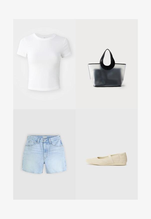 Λευκό κοντομάνικο cropped t-shirt με στρογγυλή λαιμόκοψη, τοποθετημένο σε ουδέτερο ανοιχτό φόντο.; Μπλε τζιν σορτς σε ανοιχτό χρώμα με πενταπλή τσέπη, κλείσιμο με κουμπί και ελαφρώς φθαρμένο στρίφωμα. Το ύφασμα παρουσιάζει μια μαλακή, υφή.; Μπεζ μπαλαρίνες με λείο δέρμα εξωτερικά, αμυγδαλωτό τελείωμα, και ελαστική λωρίδα που διασχίζει το επάνω μέρος του ποδιού, με διακριτές ραφές.; Ημιδιαφανής γκρι τσάντα tote με μαύρες στρογγυλεμένες λαβές με ανάγλυφο το όνομα της μάρκας, που δείχνει θαμπά σκοτεινό περιεχόμενο μέσα.
