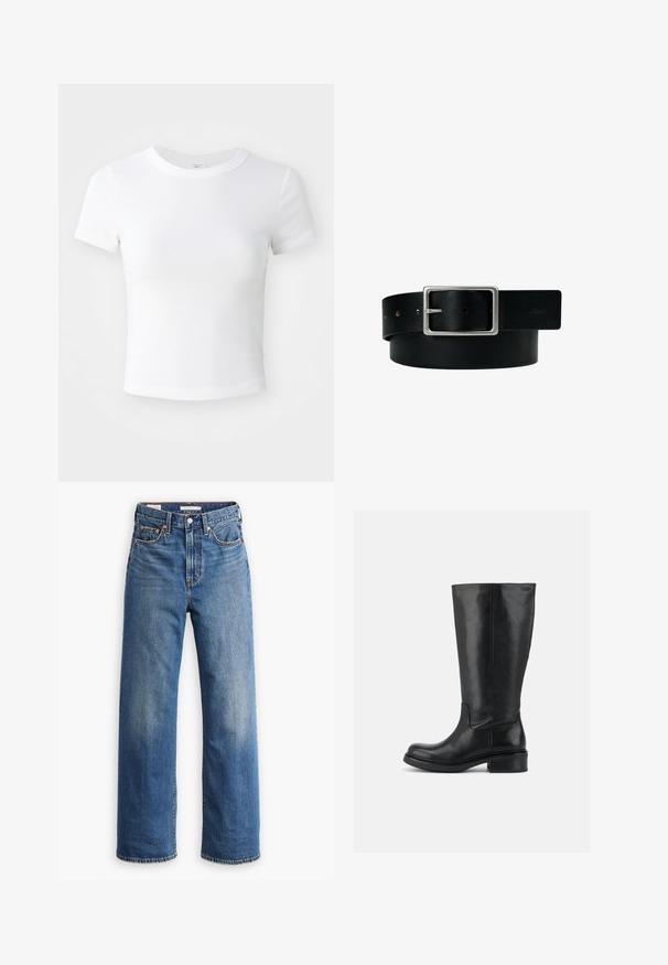 T-shirt courte à manches courtes, blanche, avec un col rond, présentée sur un fond neutre et lumineux.; Jean en denim bleu clair avec une taille haute, une coupe à jambes larges, un style classique à cinq poches et un léger délavage sur le tissu.; Bottes hautes en cuir noir avec talon bloc bas et bout arrondi, dessus lisse avec coutures minimales sur fond uni.; Ceinture en cuir noir avec boucle rectangulaire argentée et plusieurs trous de réglage, posée à plat sur fond blanc.
