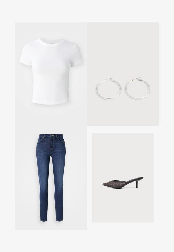 T-shirt courte à manches courtes, blanche, avec un col rond, présentée sur un fond neutre et lumineux.; Jean slim en denim bleu foncé avec un léger délavage. Présente cinq poches, des passants de ceinture et une fermeture à bouton à l'avant. Design standard à jambe droite.; Mule à bout pointu avec dessus imprimé léopard noir et marron et talon stiletto fin noir de hauteur moyenne sur fond uni.; Paire de boucles d'oreilles créoles argentées brillantes avec fermoirs en fil fin, présentée sur un fond gris clair.
