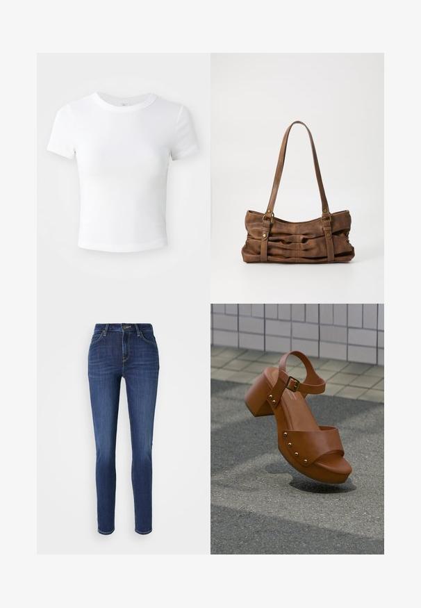 Λευκό κοντομάνικο cropped t-shirt με στρογγυλή λαιμόκοψη, τοποθετημένο σε ουδέτερο ανοιχτό φόντο.; Τζιν σε στενή γραμμή από σκούρο μπλε τζιν με διακριτική φθορά. Περιλαμβάνει πέντε τσέπες, θηλιές ζώνης και κλείσιμο με κουμπί μπροστά. Σχεδίαση με ίσια πόδια.; Καφέ δερμάτινο σανδάλι πλατφόρμα με λουρί στον αστράγαλο και χρυσά τρουκς να αιωρείται πάνω από πλακόστρωτο έδαφος και φόντο με κεραμικά πλακάκια στον τοίχο.; Even&Odd Τσάντα χειρός - brown