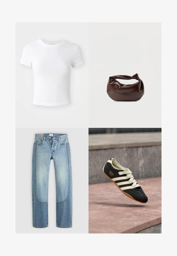 Simpel hvid kortærmet cropped t-shirt med rund halsudskæring, præsenteret på en neutral lys baggrund.; Lyseblå denimjeans med en lige, løs pasform, der har kontrasterende paneldetaljer og en fem-lommer design. Knap-lukning.; Sort atletiksko med cremefarvede striber og snørebånd, med lav profil, glat tekstur og gummisål for godt greb. Mærkeetiket synlig.; Mørkebrun læder skuldertaske med en blød, afslappet form og et snoet knudehåndtag på en ensartet hvid baggrund.