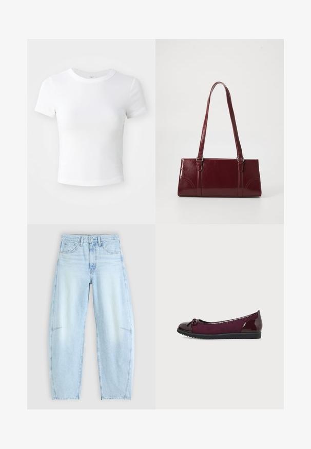 T-shirt courte à manches courtes, blanche, avec un col rond, présentée sur un fond neutre et lumineux.; Jean en denim bleu clair avec une coupe décontractée, doté d'une taille haute, d'un design à cinq poches et d'une légère décoloration avec des détails d'ourlet effilochés.; Chaussure de ballet plate bordeaux avec corps en daim, bout et talon vernis, un petit nœud sur le dessus et une semelle noire rainurée.; Sac à main bordeaux en matériau brillant, de forme rectangulaire, avec deux anses et des accents légèrement courbés à l'avant.