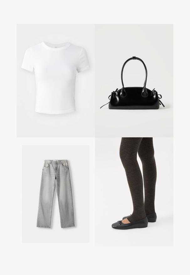 T-shirt courte à manches courtes, blanche, avec un col rond, présentée sur un fond neutre et lumineux.; Jean en denim gris clair avec une coupe droite, dotée de deux poches avant, d'un bouton de fermeture et d'un léger délavage pour la texture.; Jambes portant des leggings côtelés foncés associés à des ballerines noires avec de petits détails en nœud sur fond blanc.; Petit sac à main noir brillant avec deux longues anses et des détails à cordon sur les côtés sur un fond clair uni.