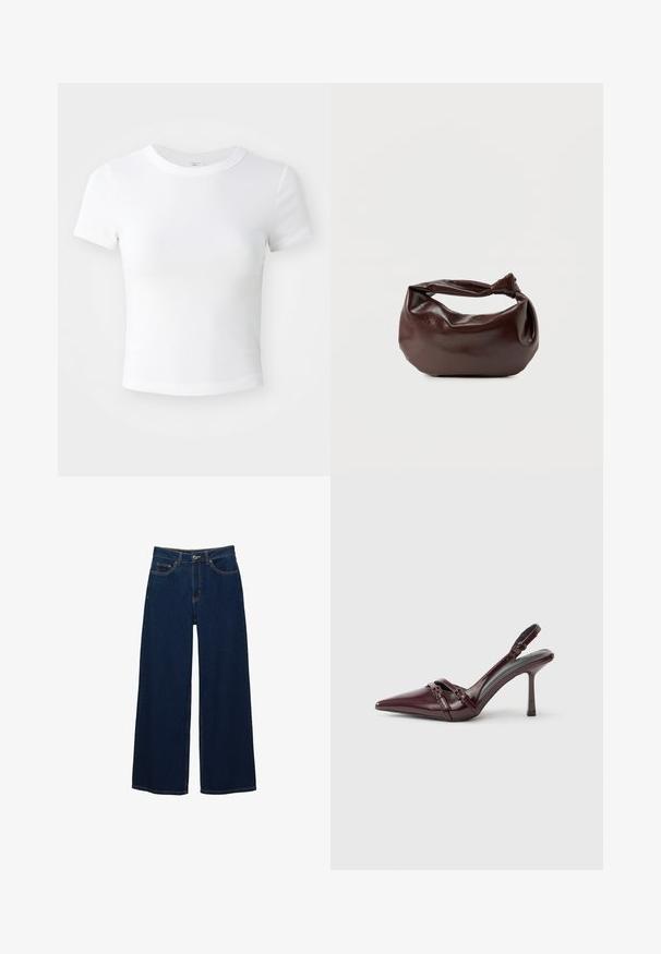Effen witte cropped t-shirt met korte mouwen en ronde hals, weergegeven op een neutrale lichte achtergrond.; Donkerblauwe jeans met brede pijpen van spijkerstof; voorzien van voorzakken en een knoopsluiting; opvallende stiksels langs de naden; geen patronen of versieringen.; Bordeauxrode lakleren slingback met puntige neus, dunne enkelband en kleine decoratieve gespsluiting. Gladde textuur en hoge hak.; Donkerbruine leren schoudertas met een zachte, slungelige vorm en een gedraaide knoopvormige handgreep op een effen witte achtergrond.