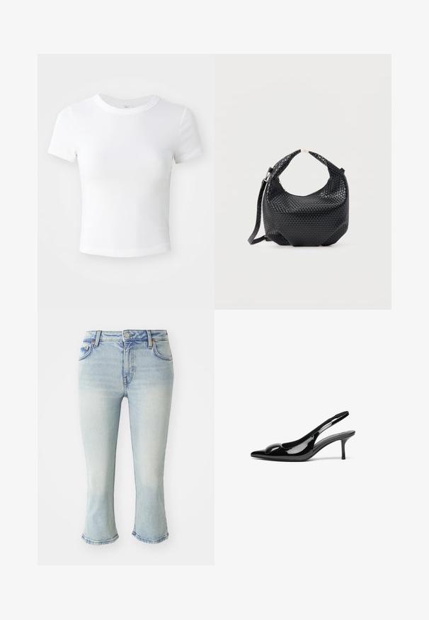 Simpel hvid kortærmet cropped t-shirt med rund halsudskæring, præsenteret på en neutral lys baggrund.; Lyst blå denim jeans med en tætsiddende silhuet, flagrende kant og en mellemhøj talje. Subtilt slid og klassisk design med fem lommer.; Sorte laklæder slingback hæle med spidse tæer og en blank finish. Har en slank hæl og en rund detalje ved vampen.; Sort flettet læderhåndtaske med kort håndtag og aftagelig skulderrem, vist mod en ensfarvet lys baggrund.