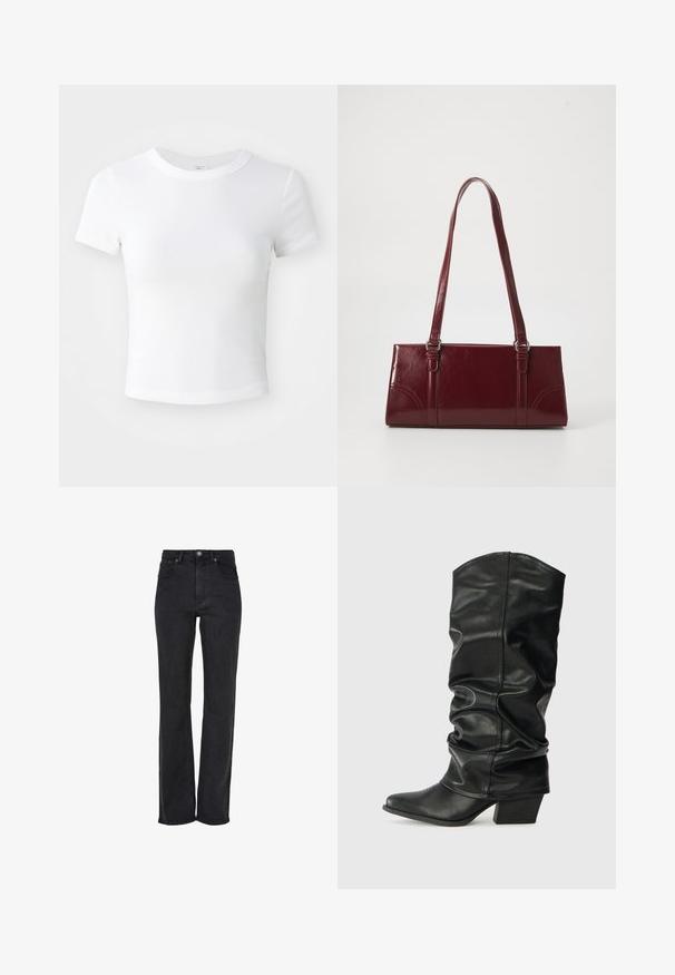 T-shirt courte à manches courtes, blanche, avec un col rond, présentée sur un fond neutre et lumineux.; Jean noir à jambe droite, taille haute, en denim, avec une fermeture à bouton à l'avant et un design à cinq poches avec des détails de couture subtils.; Bottes noires en cuir, montantes jusqu'au genou, avec un design plissé, un bout pointu et un talon épais, présentant une texture lisse et des coutures minimales.; Sac à main bordeaux en matériau brillant, de forme rectangulaire, avec deux anses et des accents légèrement courbés à l'avant.